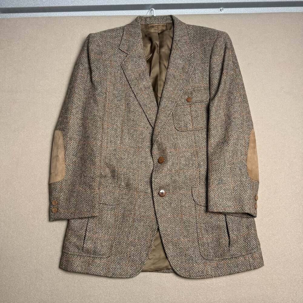 Aker Vintage Brown Herringbone Tweed Wool Sport Coat Blazer Suede Elbow Patches
